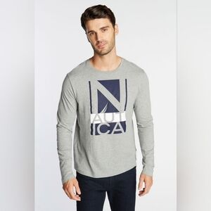 Nautica Gray Long Sleeve Tee with Graphic Design